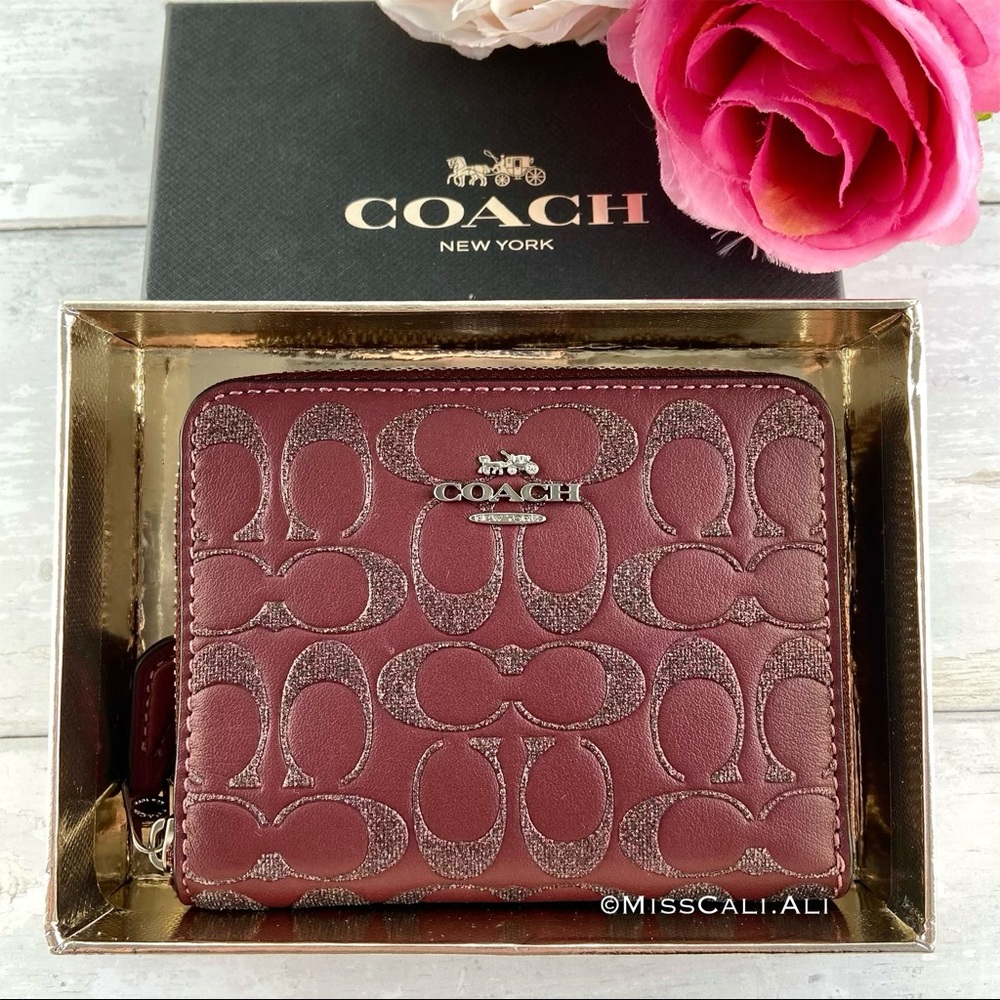 NWT COACH Signature Leather Zip Wallet Wine + Gift Box